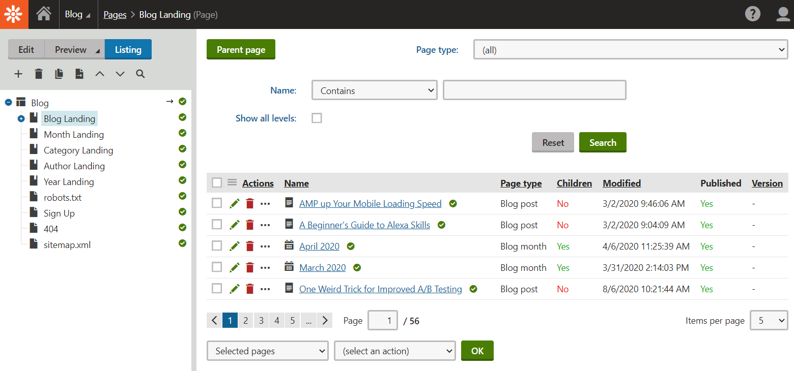 all-blog-pages.png Shows the list of all blog pages in Kentico.